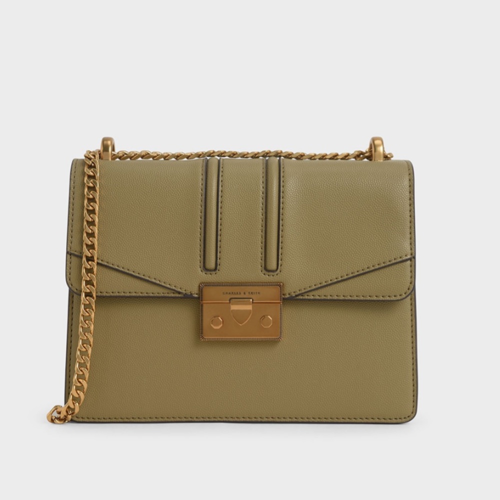 Metallic Push-Lock Shoulder Bag - Khaki